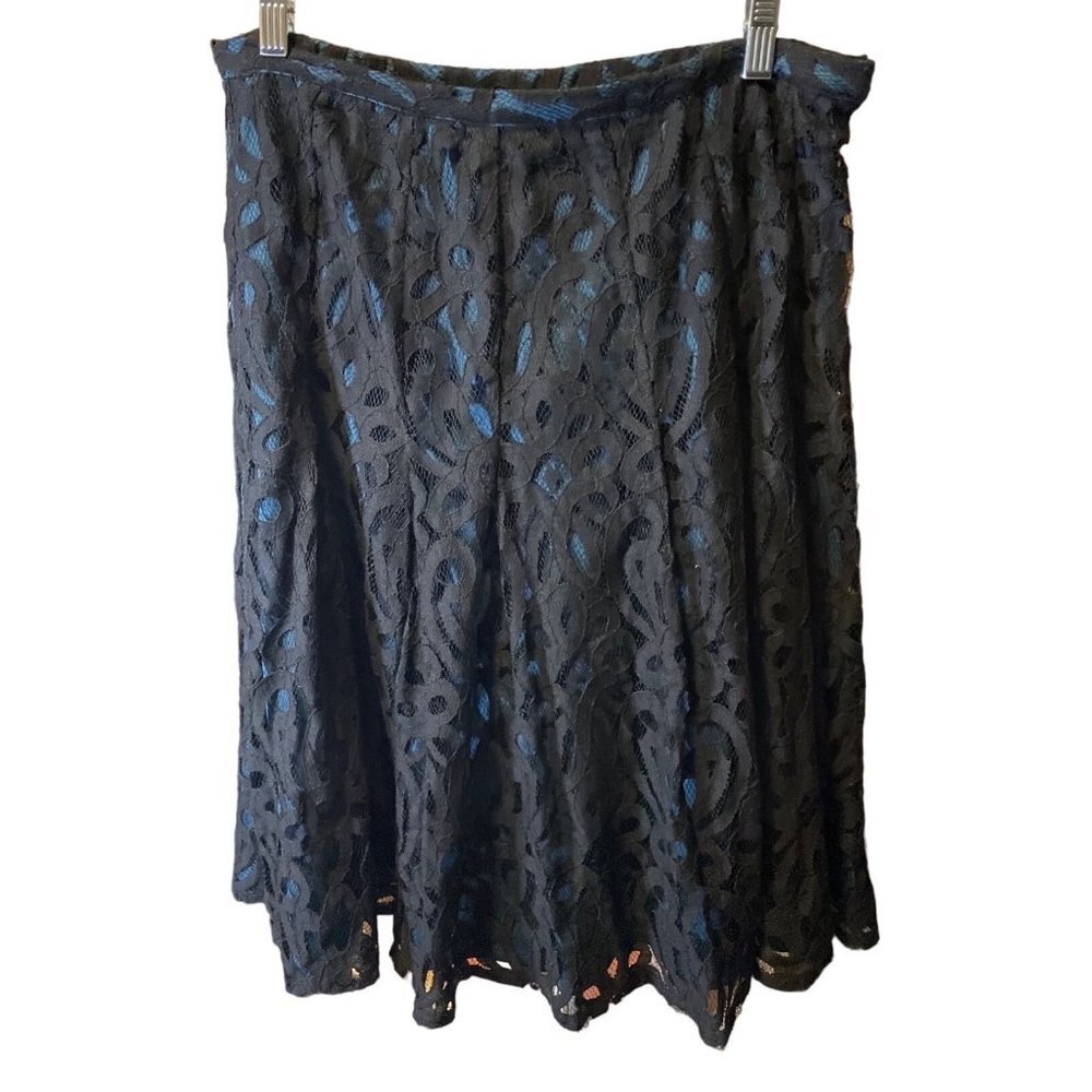 Coldwater Creek Teal Midi Skirt with Black Lace Overlay Skirt Sz 14P